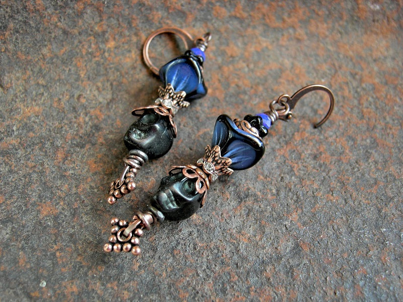 Blue on Black Sugar Skull Earrings, Magnesite, Glass Flowers, Copper