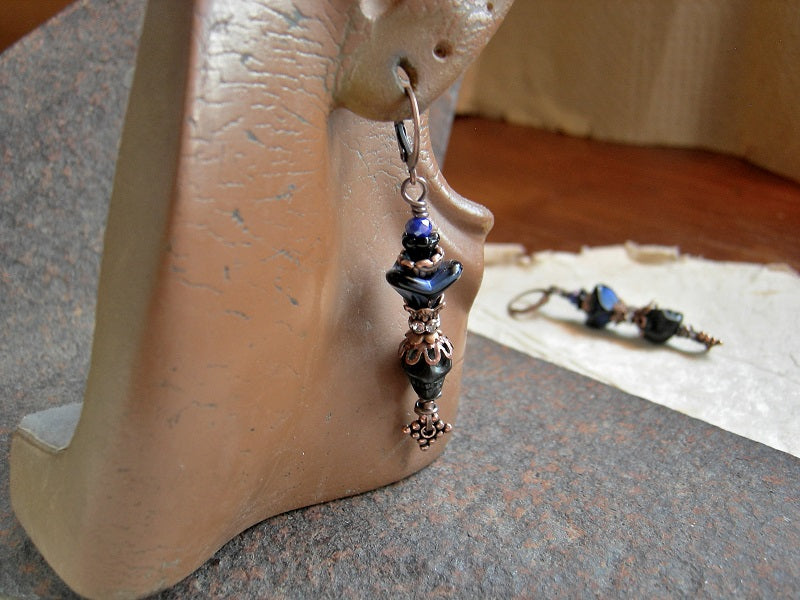 Blue on Black Sugar Skull Earrings, Magnesite, Glass Flowers, Copper