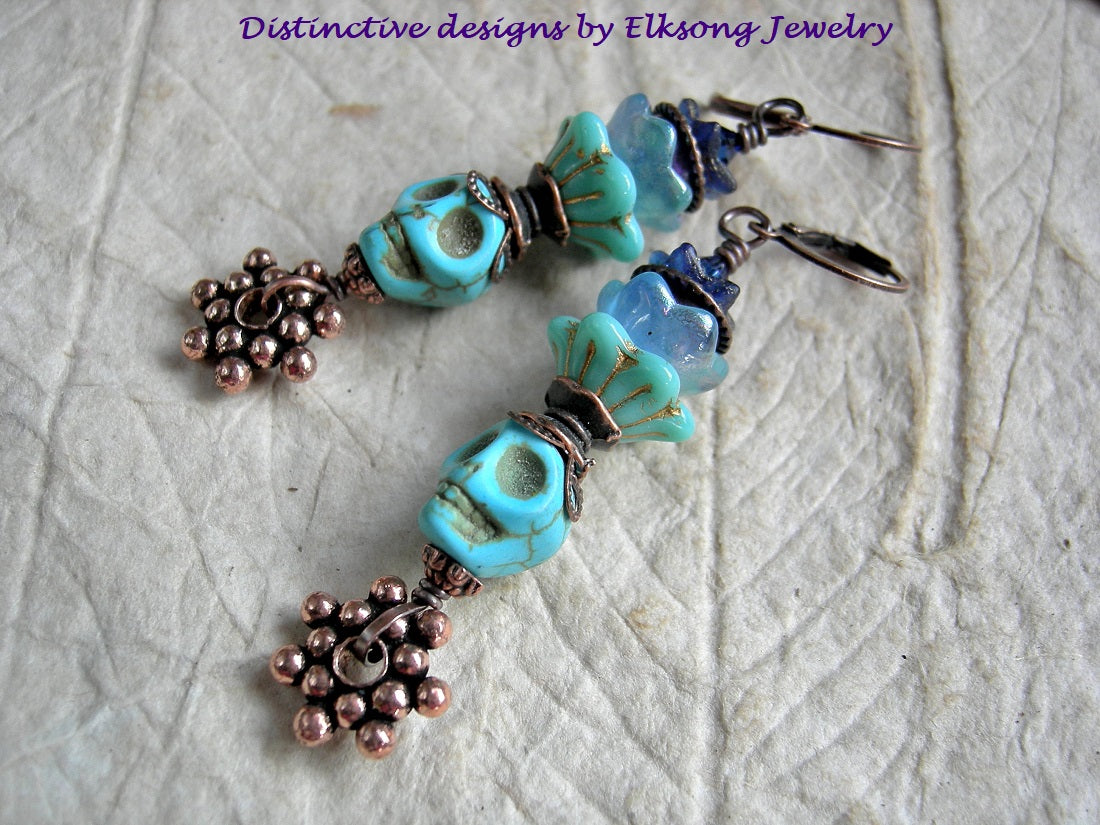 Turquoise Flower sugar skull earrings, Dia de los Muertos style, glass flowers & copper.