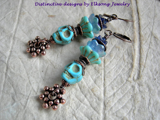 Turquoise Flower sugar skull earrings, Dia de los Muertos style, glass flowers & copper. 