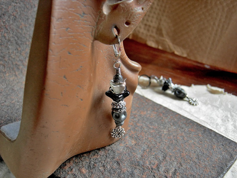 Boho elegant sugar skull earrings with black & gray glass flowers, silver & faceted quartz beads.
