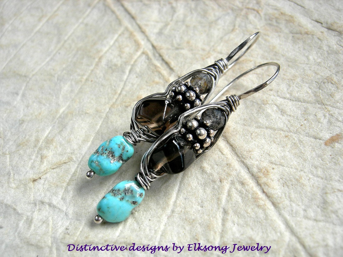Smoky quartz & Morenci turquoise wrapped hook earrings with sterling wire wrap.