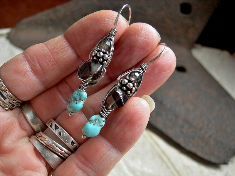 Urban boho smoky quartz & Morenci turquoise wrapped hook earrings with sterling wire wrap.