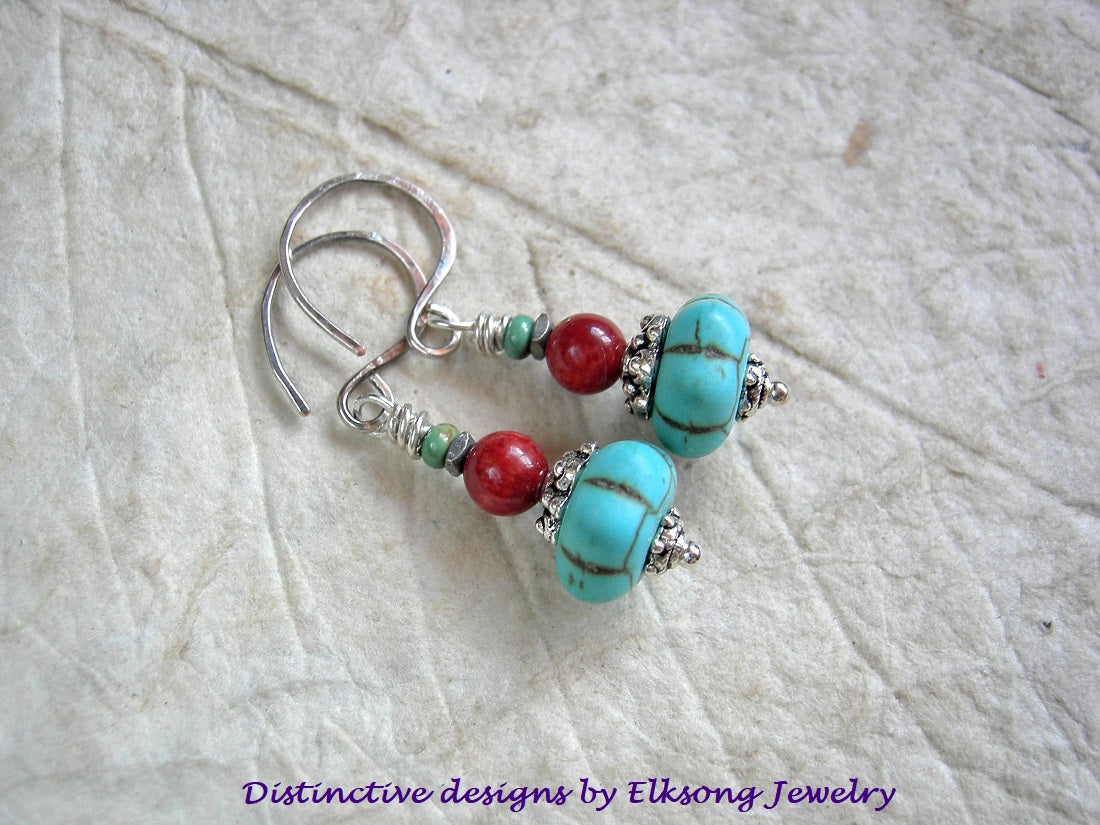 Santa Fe color gem stack earrings with turquoise colored magnesite, vintage coral, turquoise & Bali style caps.