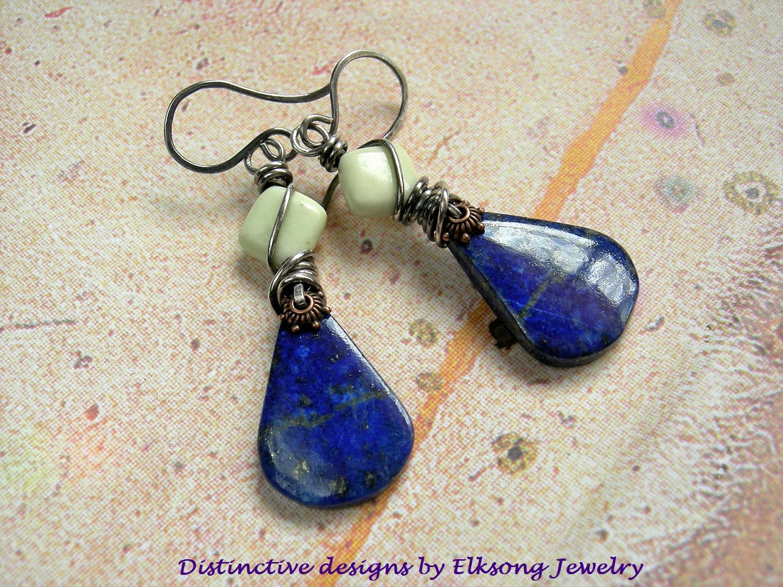 Rich blue lapis petal tab earrings with lemon variscite beads & ox sterling wire wrap.