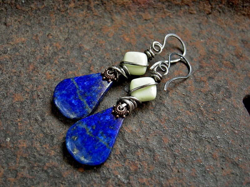 Natural blue lapis boho stone tab earrings with lemon variscite beads & ox sterling wire wrap.