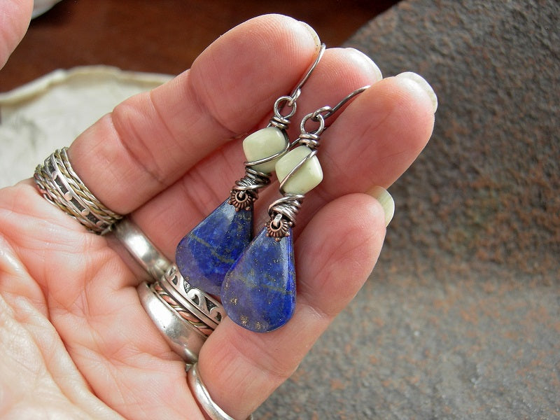 Hippie gypsy lapis petal tab earrings with lemon variscite beads & ox sterling wire wrap.