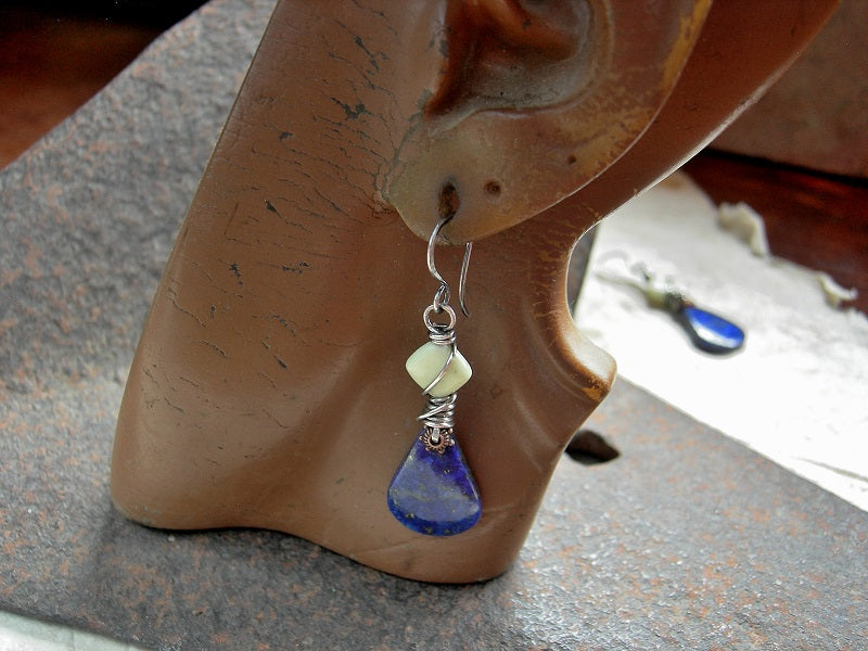 Rich blue lapis petal tab earrings with lemon variscite beads & ox sterling wire wrap.