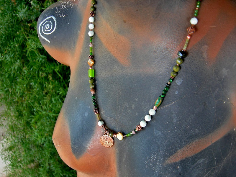 Green Maze wrap bracelet or necklace with mixed green gemstone, glass & copper beads, copper maze charm & handmade toggle clasp.
