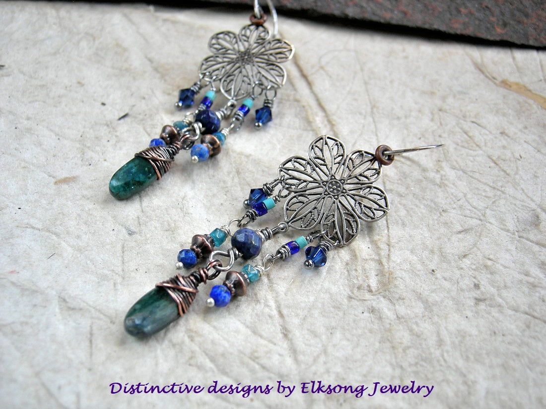 Blue Dahlia chandelier earrings with antiqued silver hangers, blue gemstone, glass & crystal beads, copper accents.