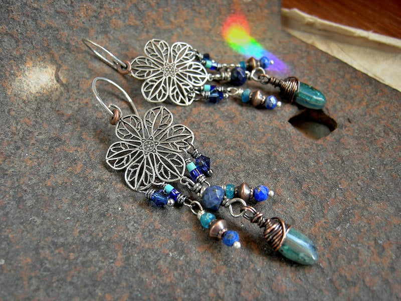 Boho luxe chandelier earrings with antiqued silver hangers, lapis, apatite, blue glass & crystal beads, copper accents.