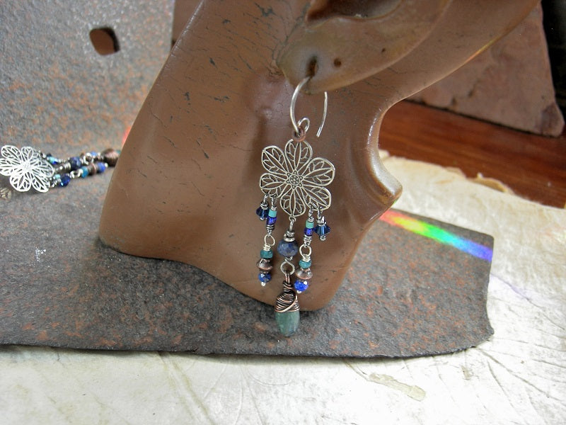 Blue Dahlia chandelier earrings with antiqued silver hangers, blue gemstone, glass & crystal beads, copper accents.