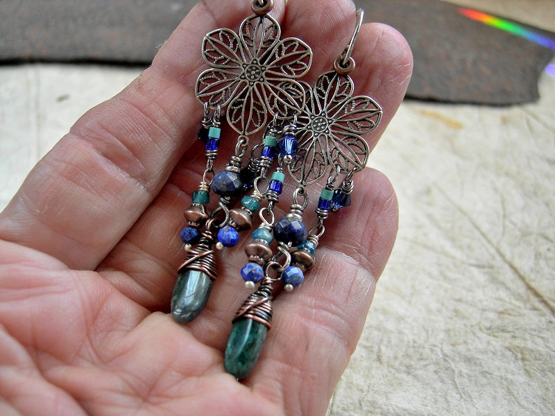 Chandelier earrings in shades of blue & silver with vintage flower hangers, blue gemstone, glass & crystal beads, copper accents.