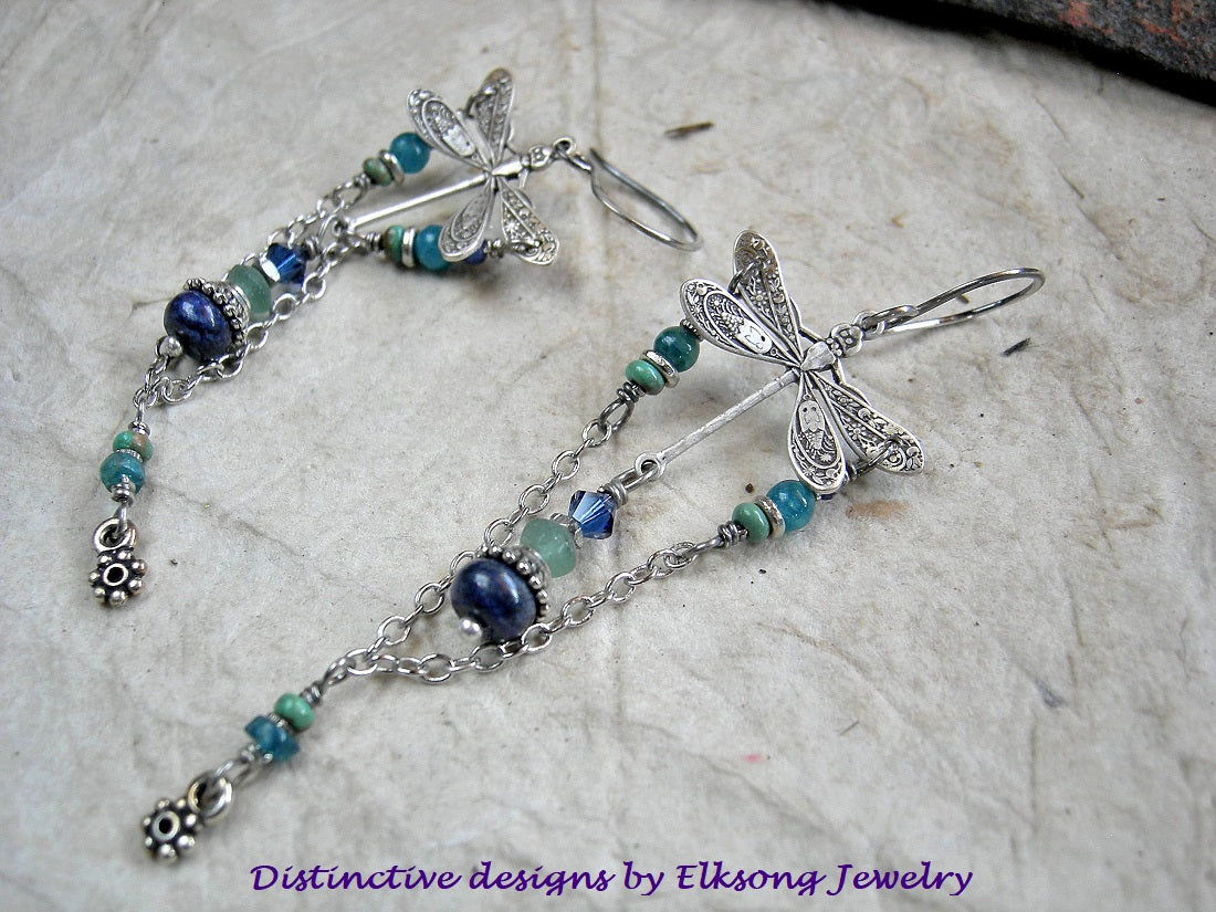 Into the Blue silver dragonfly earrings with lapis, turquoise, apatite & cobalt Swarovski crystal, silver chain loops, sterling ear wires.