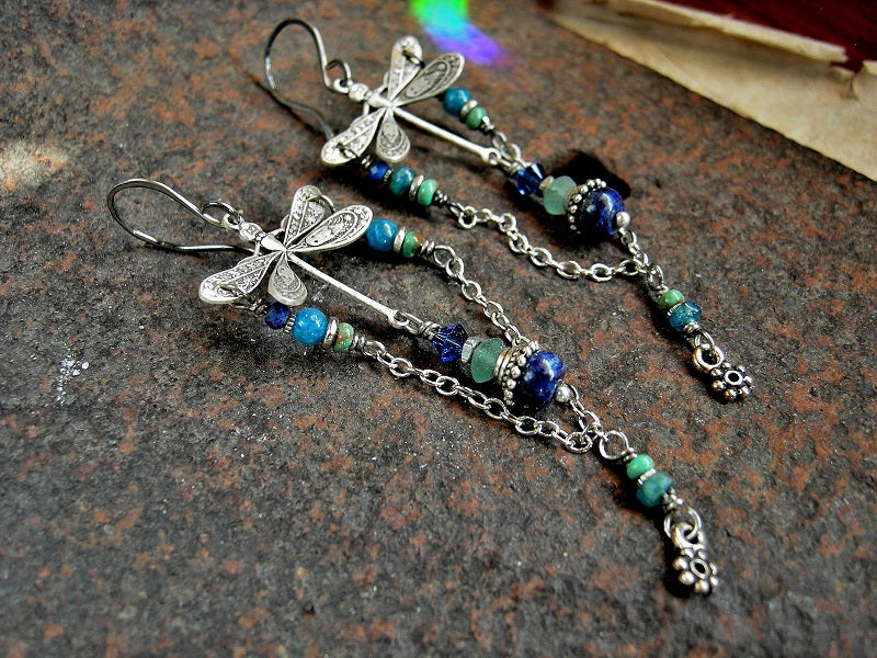 Boho luxe silver Art Nouveau dragonfly earrings with lapis, turquoise, apatite & cobalt Swarovski crystal, silver chain loops, sterling ear wires.