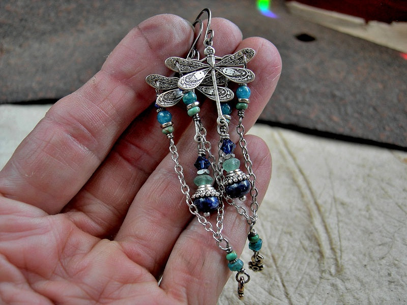Chandelier style silver dragonfly earrings with lapis, turquoise, apatite & cobalt Swarovski crystal, silver chain loops, sterling ear wires.