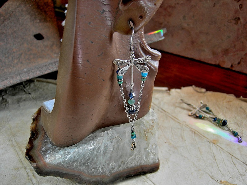 Into the Blue silver dragonfly earrings with lapis, turquoise, apatite & cobalt Swarovski crystal, silver chain loops, sterling ear wires.