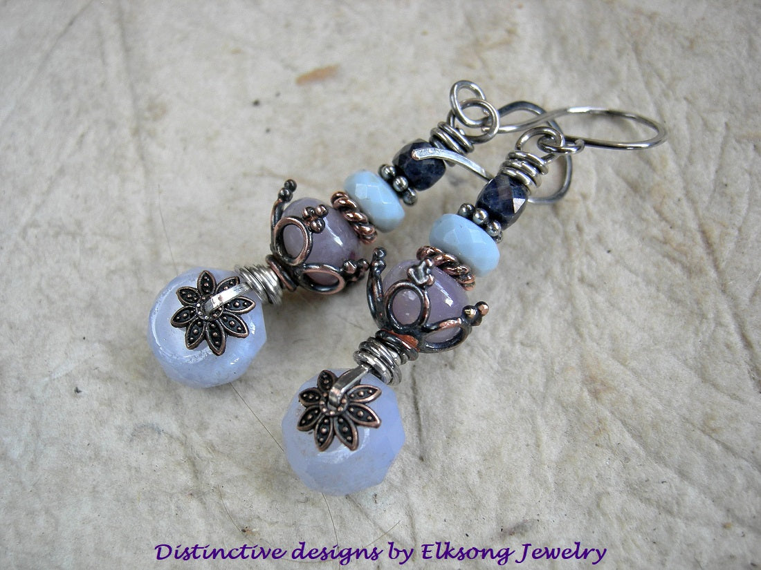 Soft spring color gem stack earrings with sapphire, pale blue Owyhee opal, Holley blue agate & blue lace agate. Copper & silver details, sterling ear wires.