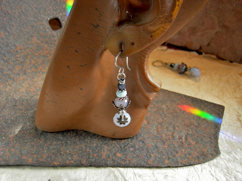 Airy color gem stack earrings with sapphire, pale blue Owyhee opal, Holley blue agate & blue lace agate. Copper & silver details, sterling ear wires.