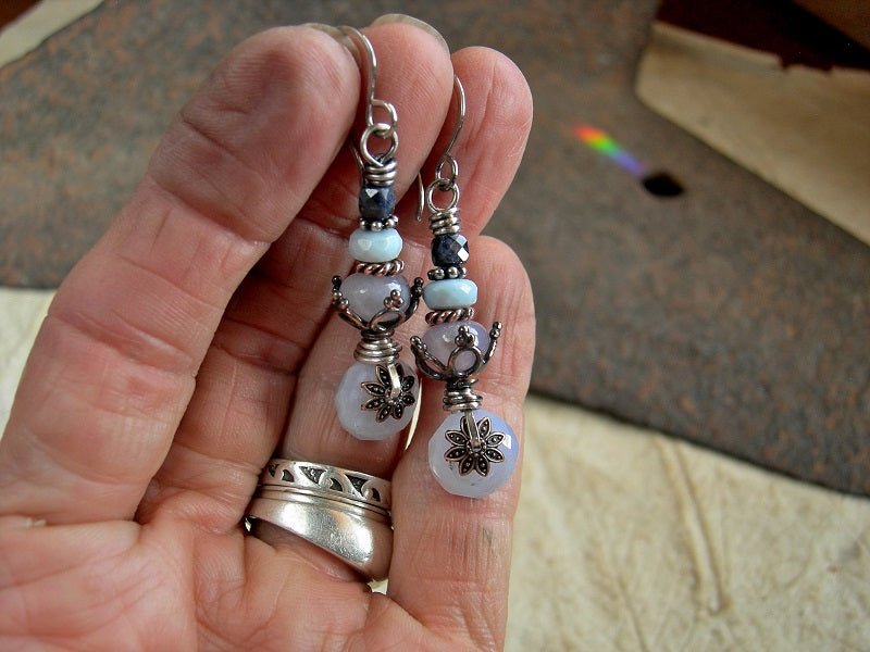 Gem stack earrings with sapphire, pale blue Owyhee opal, Holley blue agate & blue lace agate. Copper & silver details, sterling ear wires.
