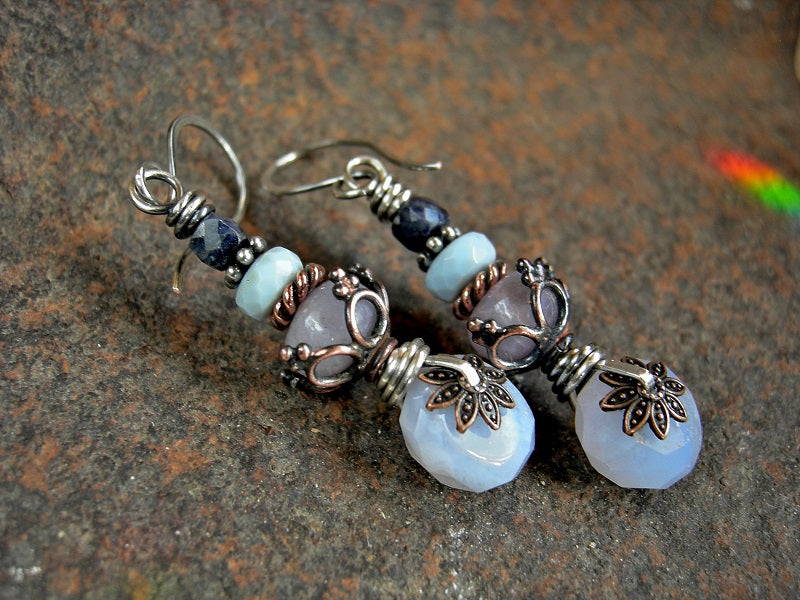 Pastel color gem stack earrings with sapphire, pale blue Owyhee opal, Holley blue agate & blue lace agate. Copper & silver details, sterling ear wires.