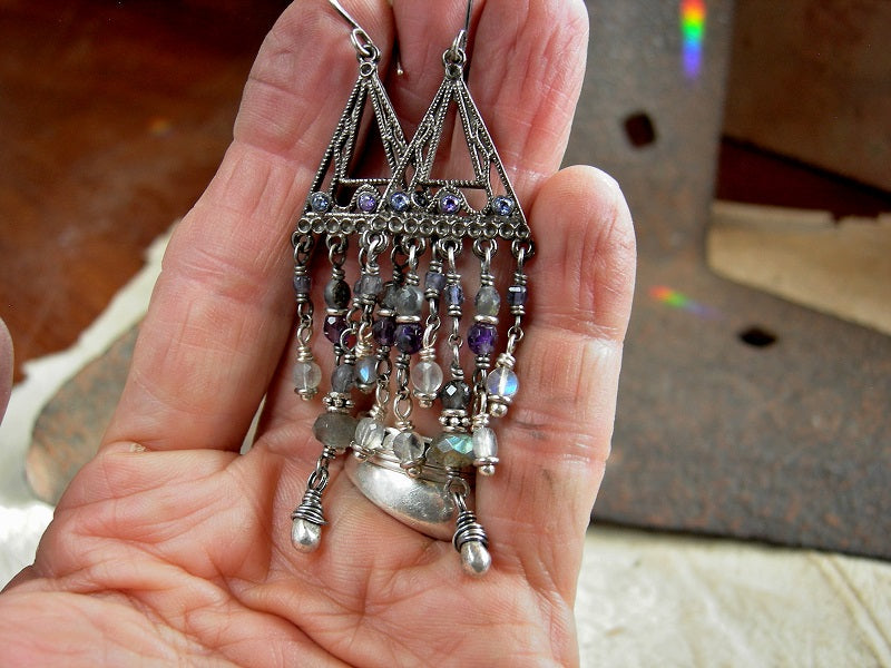 Still Falls the Rain earrings with blackened silver hangers & violet, gray & white faceted gemstone beads. Sterling ear wires.