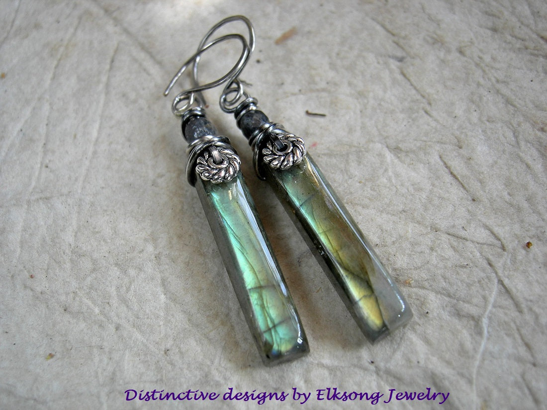 Flashy labradorite stone tab earrings with sterling wire wrap & faceted sapphire gemstone beads.