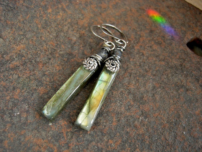 Stone tab earrings of flashy green/gold labradorite with sterling wire wrap & faceted sapphire gemstone beads.