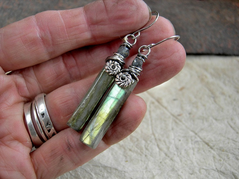 Boho luxe labradorite stone tab earrings with sterling wire wrap & faceted sapphire gemstone beads.