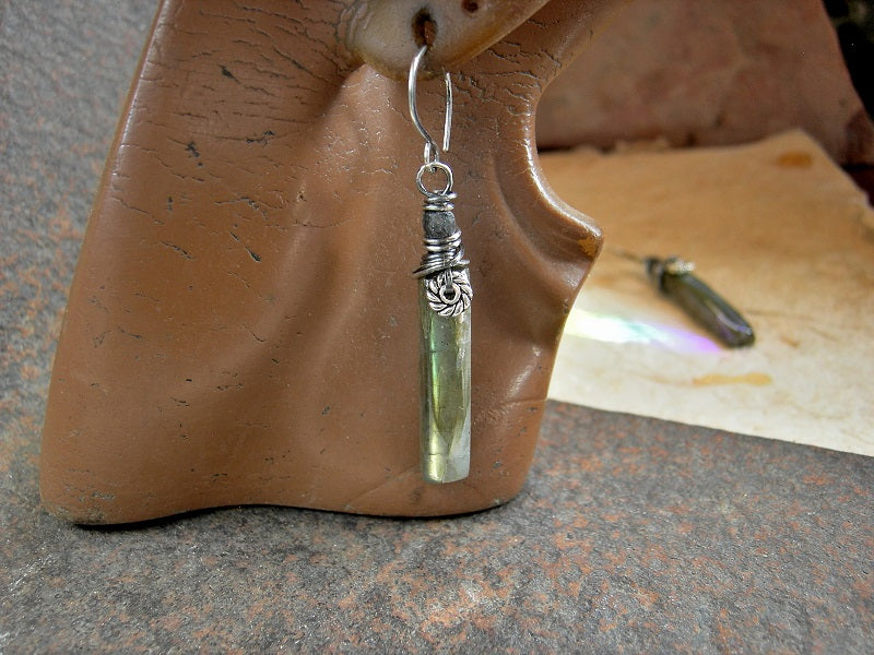 Genuine gemstone labradorite stone tab earrings with sterling wire wrap & faceted sapphire beads.
