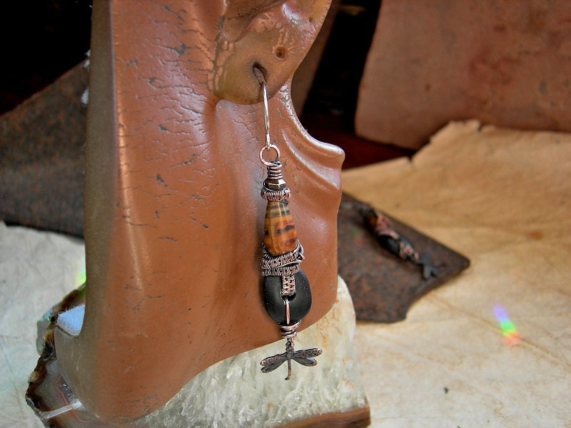 Touch Earth, oxidized copper, black & brown long drop earrings, stone, ceramic & dragonfly charms.