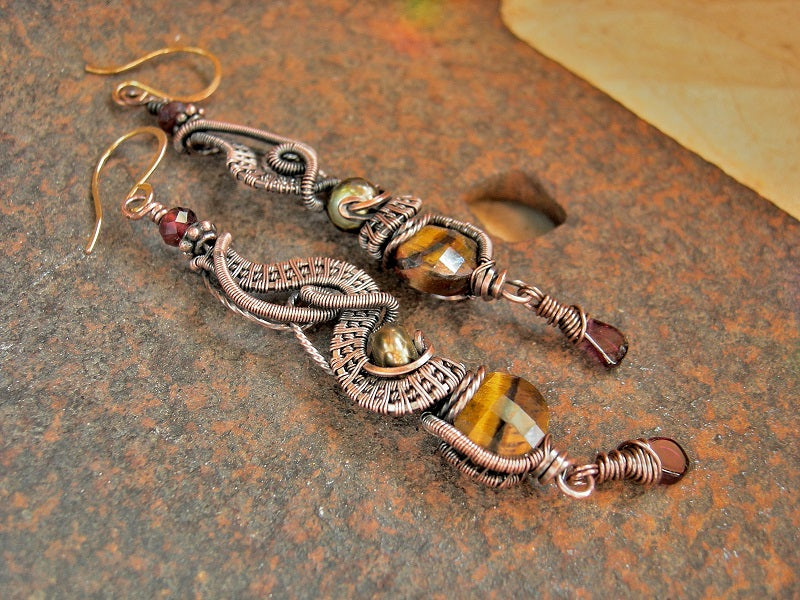 Long drop copper wire wrap earrings with faceted tiger eye, garnet & colored freshwater pearls