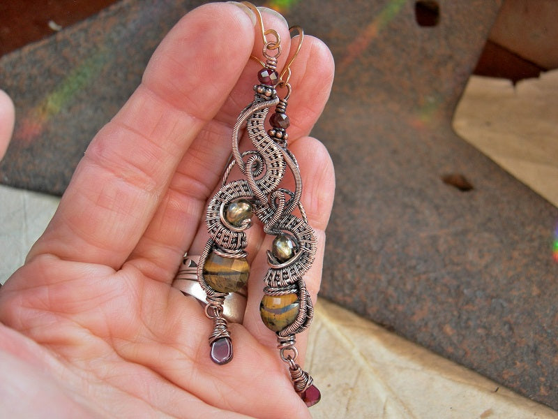 Autumn color copper wire wrap & gemstone earrings with faceted tiger eye, garnet & colored freshwater pearls