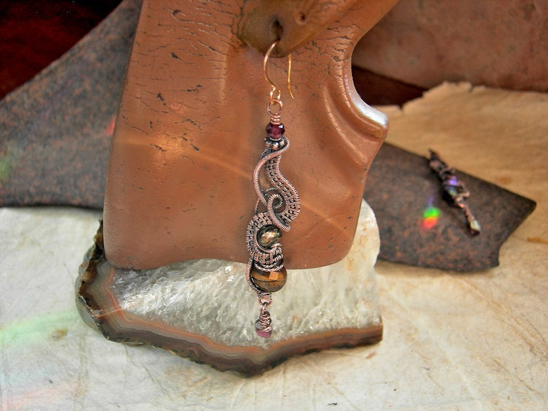 Copper wire wrap earrings with faceted tiger eye, garnet & colored freshwater pearls