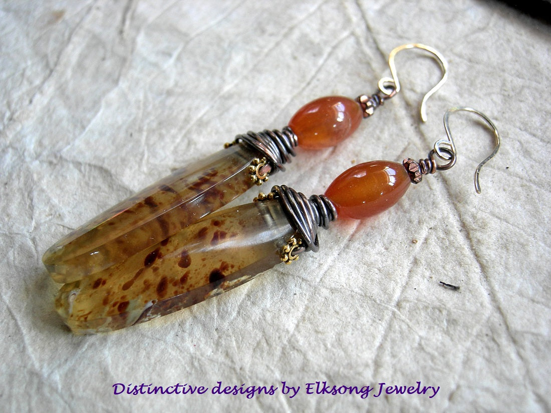 Polished amber tab earrings with orange carnelian beads, copper wire wrap, 14kt gold filled ear wires.