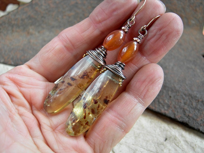 Natural amber oval tab earrings with orange carnelian beads, copper wire wrap, 14kt gold filled ear wires.