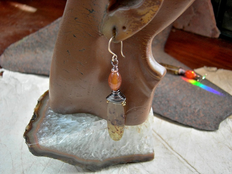 Boho luxe amber tab earrings with orange carnelian beads, copper wire wrap, 14kt gold filled ear wires.