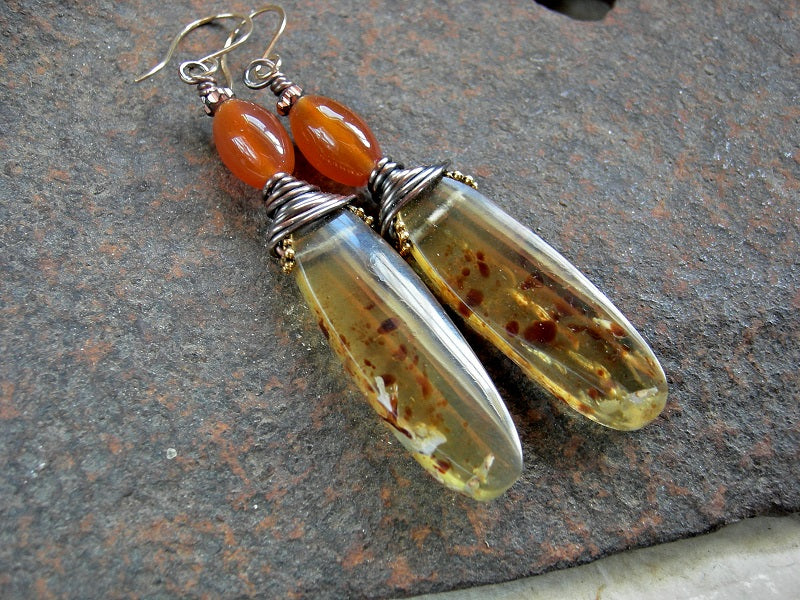 Dominican amber tab earrings with orange carnelian beads, copper wire wrap, 14kt gold filled ear wires.