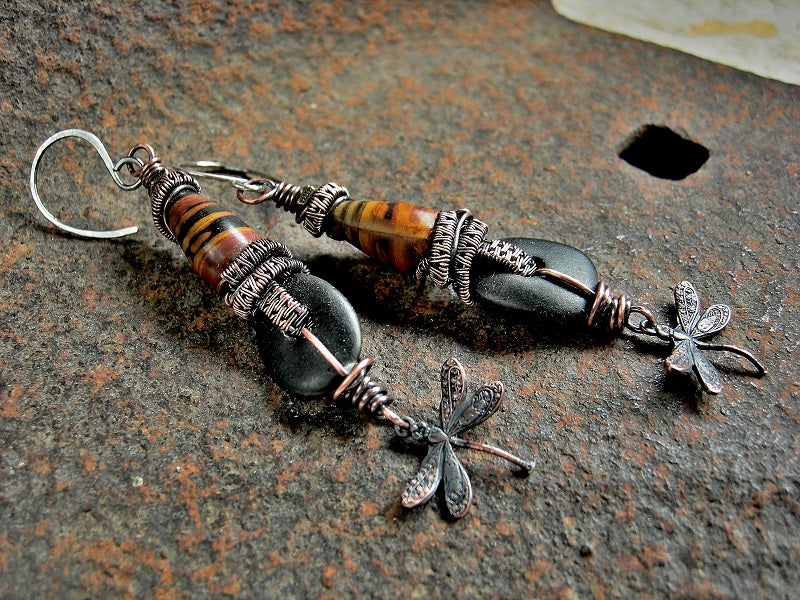 Oxidized copper wire wrap, black & brown long drop earrings, stone, ceramic & dragonfly charms.