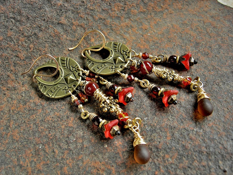 Boho luxe orange & brass chandelier earrings with gemstone, amber & glass beads, 22kt gold ear wires.