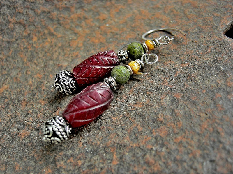 Bead stack earrings with red agate & green faceted epidote. Sterling-over-copper Bali style beads & spacers, sterling ear wires.