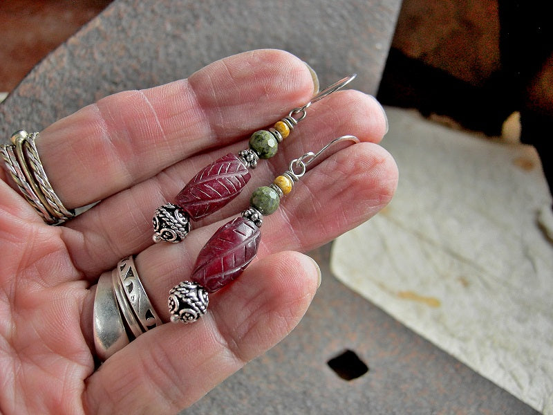 Red & green stone bead stack earrings. Sterling-over-copper Bali style beads & spacers, sterling ear wires.