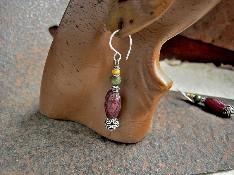 Carved red agate & green epidote bead stack earrings. Sterling-over-copper Bali style beads & spacers, sterling ear wires.