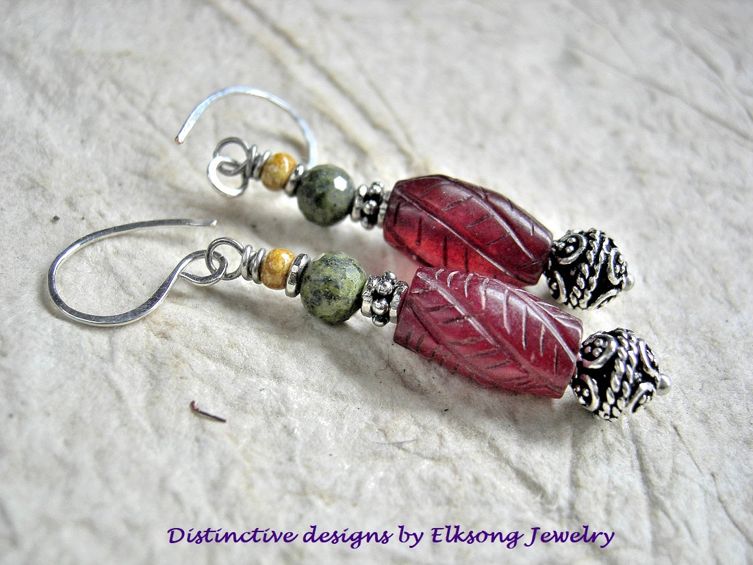 Carved red agate & green epidote bead stack earrings. Sterling-over-copper Bali style beads & spacers, sterling ear wires.