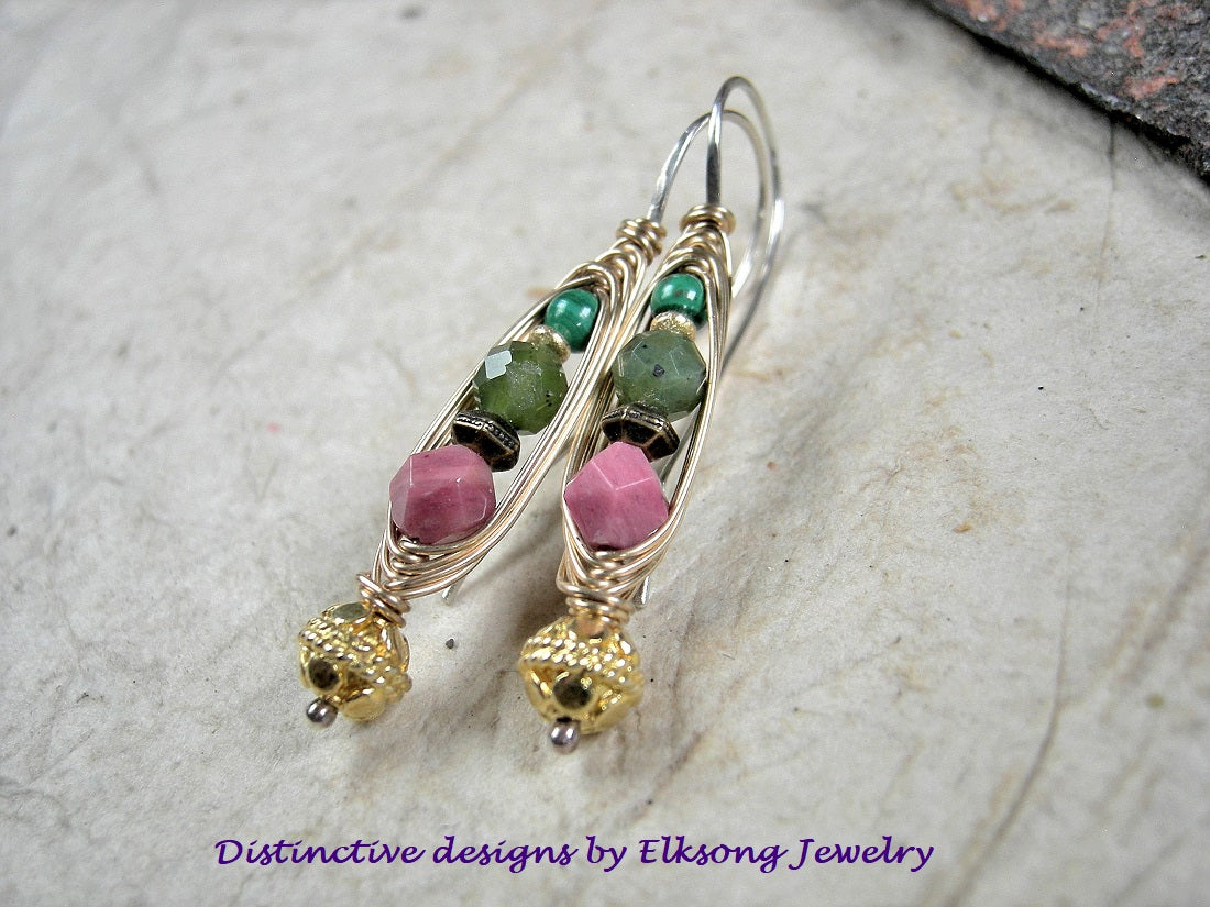 Rose Bud wrapped hook style earrings with pink & green gemstone, 22kt gold-over-copper beads, sterling ear hooks, 14kt gold filled wire wrap.