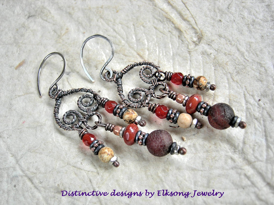 Russet chandelier earrings with handmade copper hangers, carnelian, red & picture jasper and copper beads.