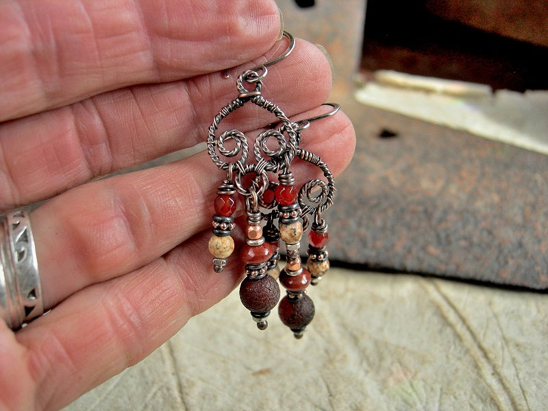 Boho luxe chandelier earrings with handmade copper hangers, carnelian, red & picture jasper and copper beads.