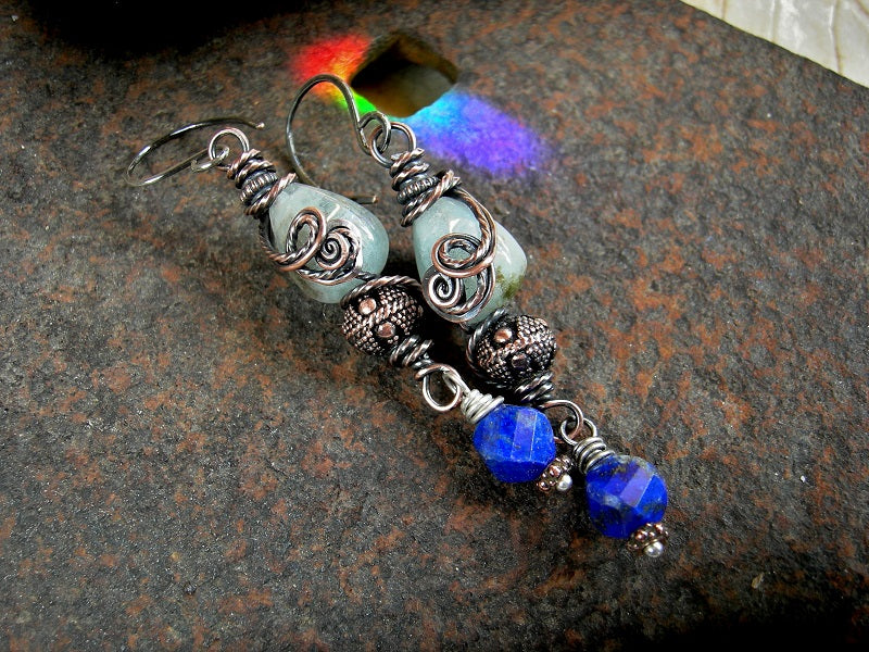 Wire wrapped earrings with copper coils, aquamarine & lapis gemstone, copper Bali style beads, sterling ear wires.