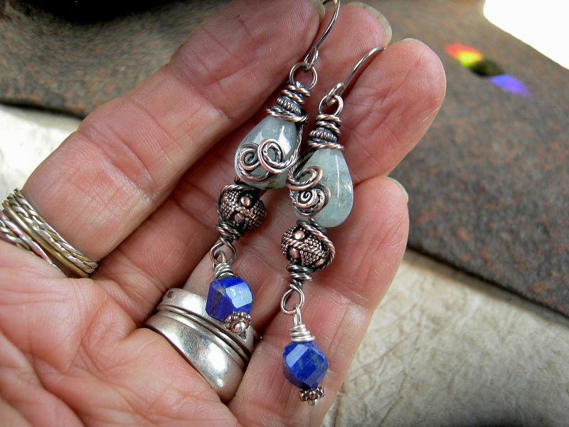 Boho luxe copper wire wrap earrings with aqua marine & lapis gemstone, copper Bali style beads, sterling ear wires.