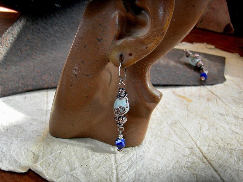 Drop earrings with copper wire wrap, aquamarine & lapis gemstone, copper Bali style beads, sterling ear wires.